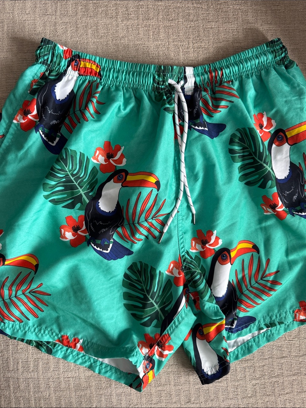 Uzzi Active SwimwearTeal Tropical Print Swim Shorts with Toucan Motif, XL